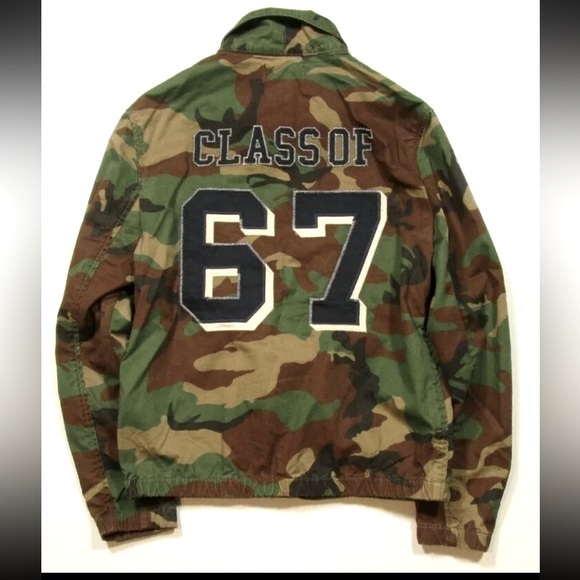 POLO Ralph Lauren Kid Canvas Bayport Army Green Camo Jacket “P” Varsity Letter 7 - Picture 2 of 5